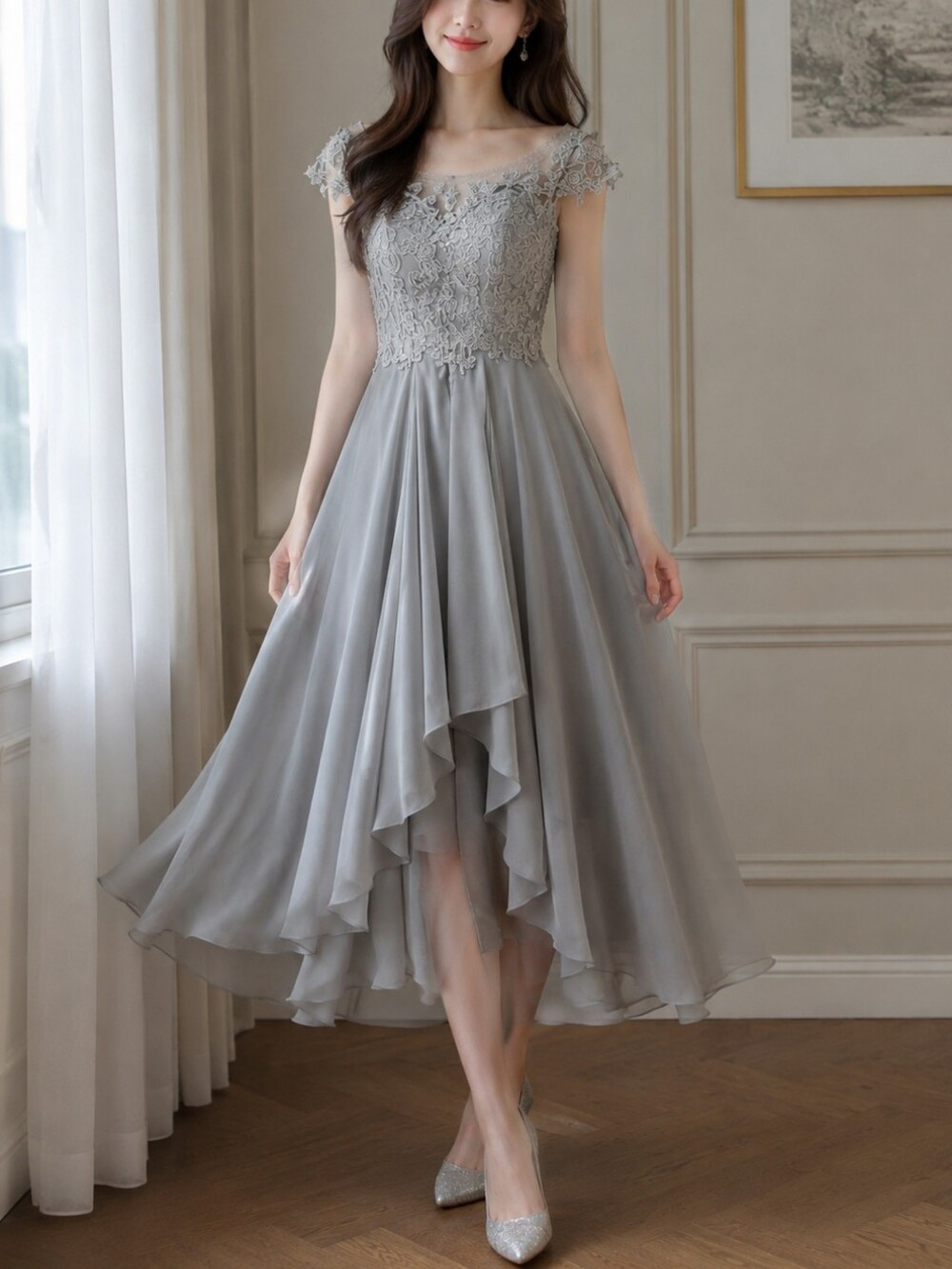 Woman's Grey Floral Lace and Satin Chiffon Gown Wedding Dress